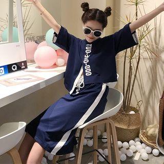 Set: Lettering Slit Elbow-sleeve T-shirt + Midi Skirt