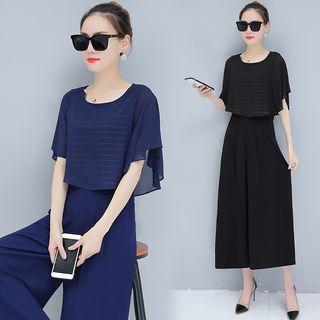 Set: Striped Short-sleeve Top + Wide Leg Pants