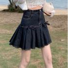 High-waist Bow Accordion Pleat Denim Skirt