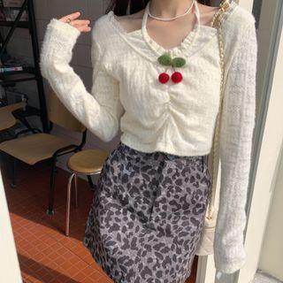 Long-sleeve Lace Trim Cherry Detail T-shirt