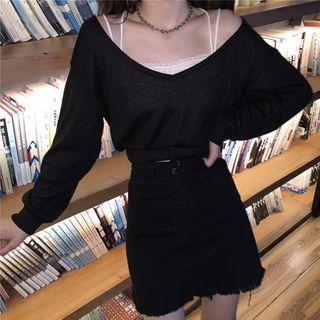 Lace Trim Camisole Top / Long-sleeve Ribbed T-shirt Set: White Camisole Top & T-shirt - Black - One Size