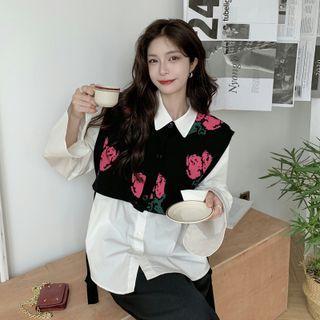 Cropped Patterned Knit Vest + Long-sleeve Plain Shirt