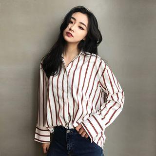 Loose-fit Striped Color-block Long-sleeve Chiffon Blouse