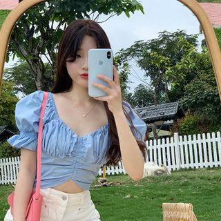 Plain V-neck Puff-sleeve Cropped Top