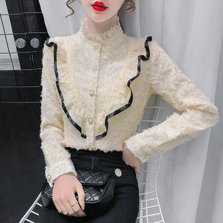 Long-sleeve Mock-neck Ruffled Lace Blouse