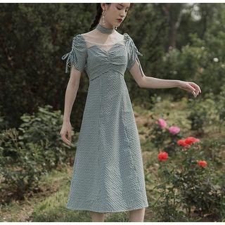 Checked Mesh Panel Short-sleeve Midi A-line Dress