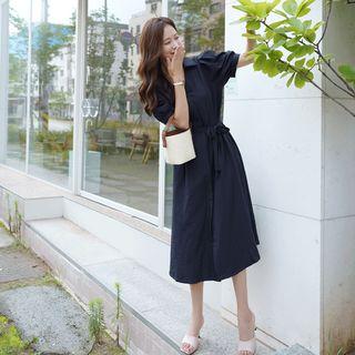 Puff-sleeve V-neck Long Dress With Sash