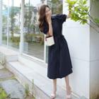 Puff-sleeve V-neck Long Dress With Sash