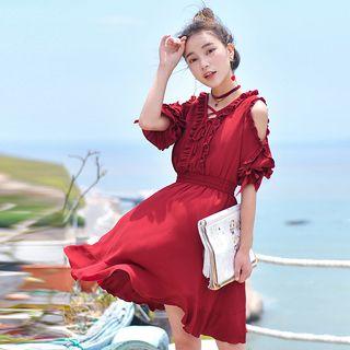 Frill Trim Cut Out Shoulder Short Sleeve Chiffon Dress