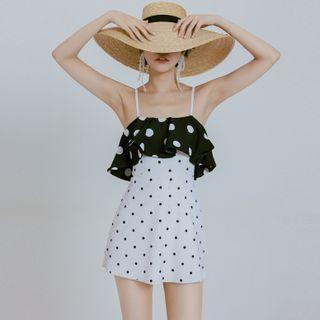 Spaghetti Strap Two-tone Dotted Swimdress