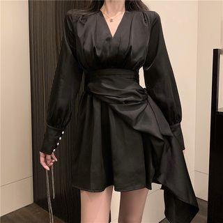 Lantern-sleeve V-neck Plain Dress