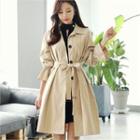 Smocked-sleeve A-line Trench Coat With Sash