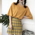 Plain Short-sleeve T-shirt / Mini Plaid A-line Skirt