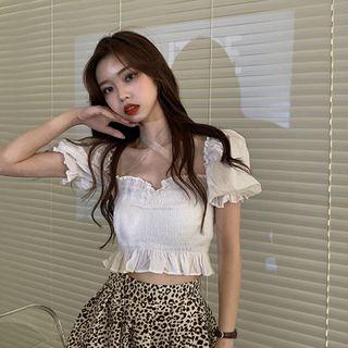 Puff-sleeve Frill Trim Crop Top / Leopard Print A-line Mini Skirt