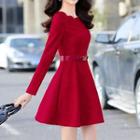 Long-sleeve Jacquard Belted Dress