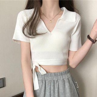 V-neck Tie-waist Cropped Knit Top