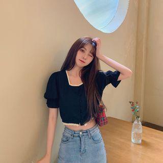 Lace Trim Square-neck Puff-sleeve Cropped Blouse