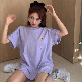 Flower Embroidered Round-neck Long T-shirt Purple - One Size