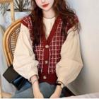 Balloon-sleeve Blouse / Single-breasted Plaid Sweater Vest