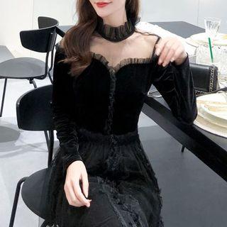 Mesh Panel Ruffle Long-sleeve Velvet Top