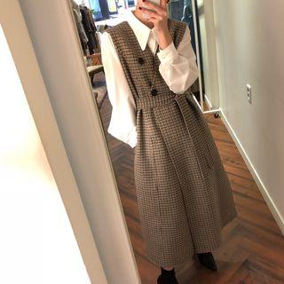 Plaid V-neck Jumper Dress / Plain Long-sleeve Blouse