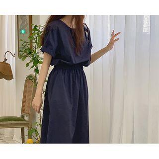 Band-waist Round-neck Long Dress