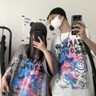 Short-sleeve Round Neck Lettering Flower T-shirt