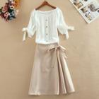 Short-sleeve Round-neck Chiffon Top + High-waist A-line Skirt Set