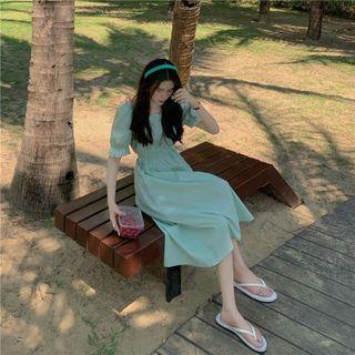 Puff-sleeve Midi A-line Dress Green - One Size
