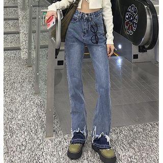 Mid Waist Washed Fringed Flared Jeans