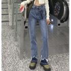 Mid Waist Washed Fringed Flared Jeans
