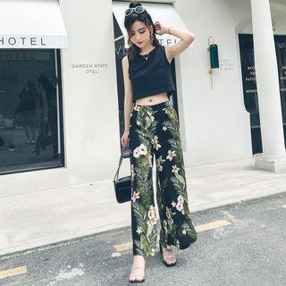Set: Lace Back Sleeveless Top + Floral Wide Leg Pants
