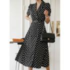 Shawl-collar Dotted Long Wrap Dress With Belt