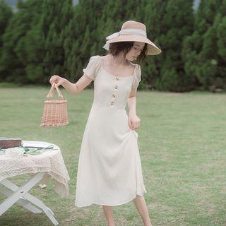 Plain Puff-sleeve A-line Midi Dress