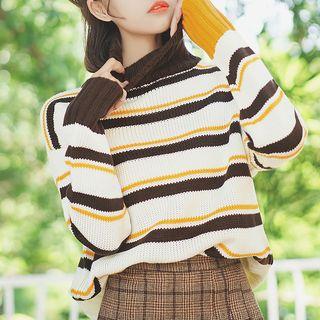 Striped Turtleneck Sweater Black Stripe - White - One Size