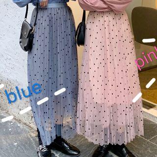 Dotted Midi Accordion Pleated Mesh Skirt