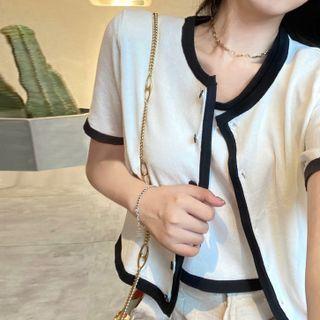 Set: Contrast Trim Crop Tank Top + Short-sleeve Cardigan