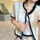 Set: Contrast Trim Crop Tank Top + Short-sleeve Cardigan