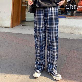 Elastic-waist Plaid Pants Blue - One Size