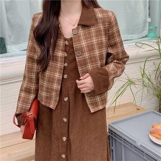 Plaid Zip-up Jacket / Spaghetti-strap Corduroy Midi A-line Dress
