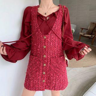 Plain Frilled Long-sleeve Loose-fit Blouse / Tweed V-neck Jumper Dress