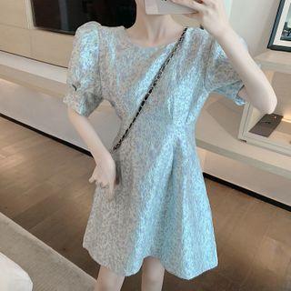 Jacquard Puff-sleeve Mini A-line Dress