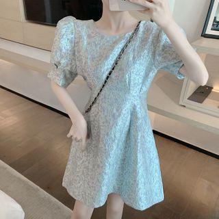 Jacquard Puff-sleeve Mini A-line Dress
