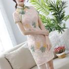 Short-sleeve Floral Embroidery Mini Qipao Dress