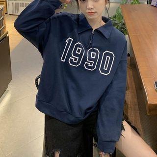 Number Print Collared Sweatshirt