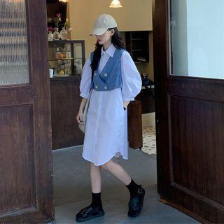 Elbow-sleeve Midi Shirtdress / Button Denim Cropped Vest