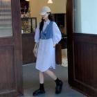 Elbow-sleeve Midi Shirtdress / Button Denim Cropped Vest