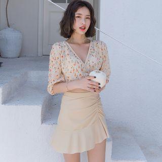 Set: Plain Bikini Top + Swim Bottom + Swim Skirt + Floral Cover-up