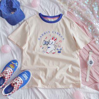Short-sleeve Rabbit Print T-shirt As Shown In Figure - One Size