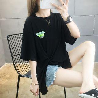 Printed Twist Slit Elbow-sleeve T-shirt